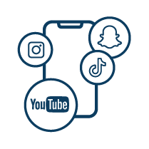 Icon mit Smartphone und Instagram, TikTok, Snapchat und Youtube-Logos
