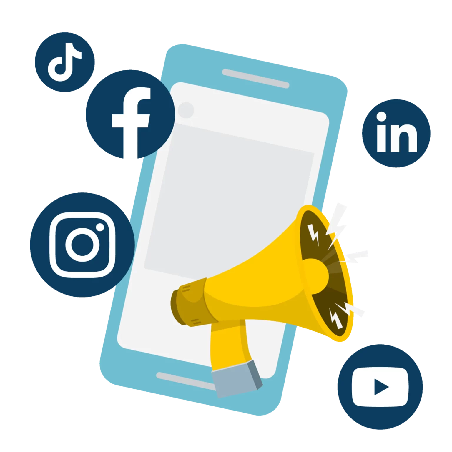 smartphone mit Social Media Icons und Megafon